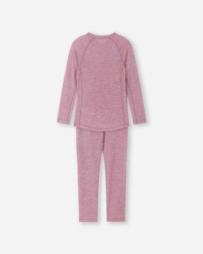 Back view of the complete Reima Kinsei kids' merino wool base layer set in grey pink, showing the flexible and comfortable fit of the thermal top and bottoms.
