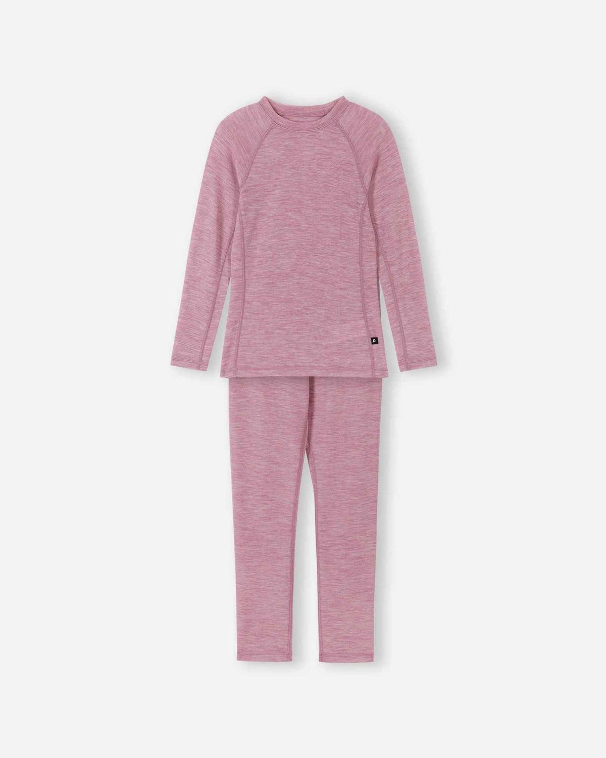 Front view of the Reima Kinsei kids' merino wool base layer set in grey pink, featuring a long-sleeve thermal top and matching leggings against a white background.