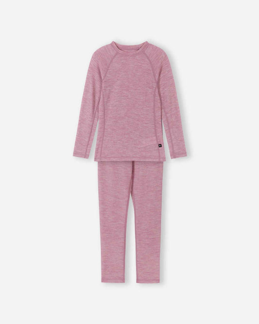 Front view of the Reima Kinsei kids' merino wool base layer set in grey pink, featuring a long-sleeve thermal top and matching leggings against a white background.
