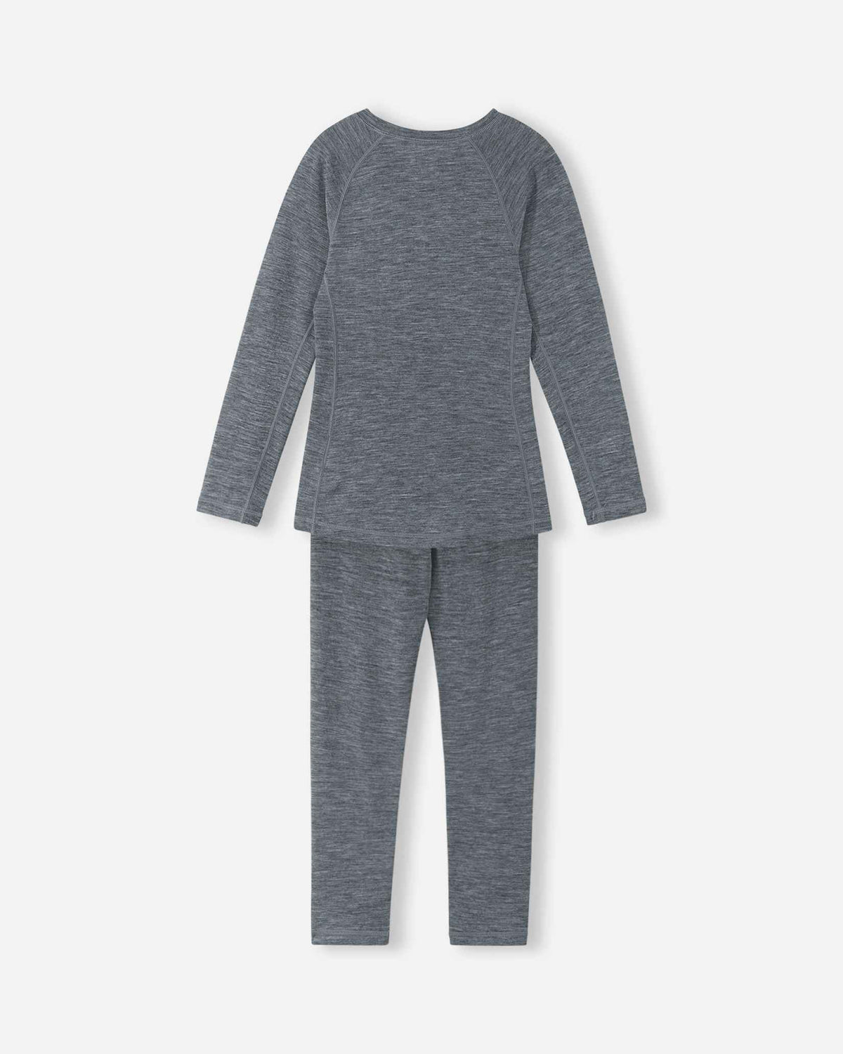 Back view of the Reima Kinsei kids' merino wool thermal base layer set in melange grey, showing the streamlined, flexible fit of the top and bottoms.