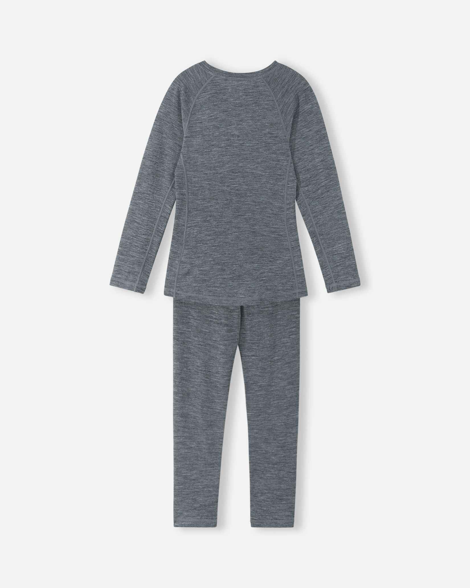 Back view of the Reima Kinsei kids' merino wool thermal base layer set in melange grey, showing the streamlined, flexible fit of the top and bottoms.