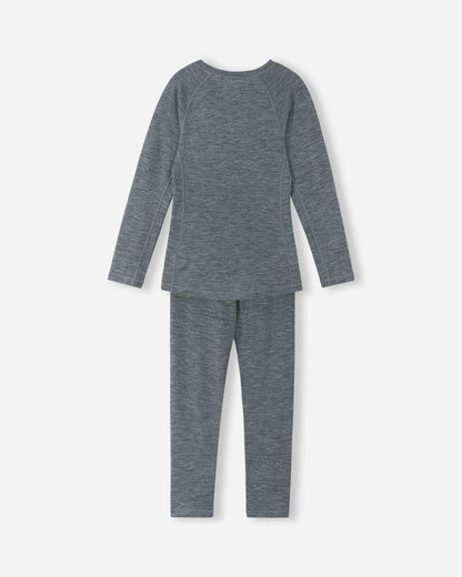 Back view of the Reima Kinsei kids' merino wool thermal base layer set in melange grey, showing the streamlined, flexible fit of the top and bottoms.