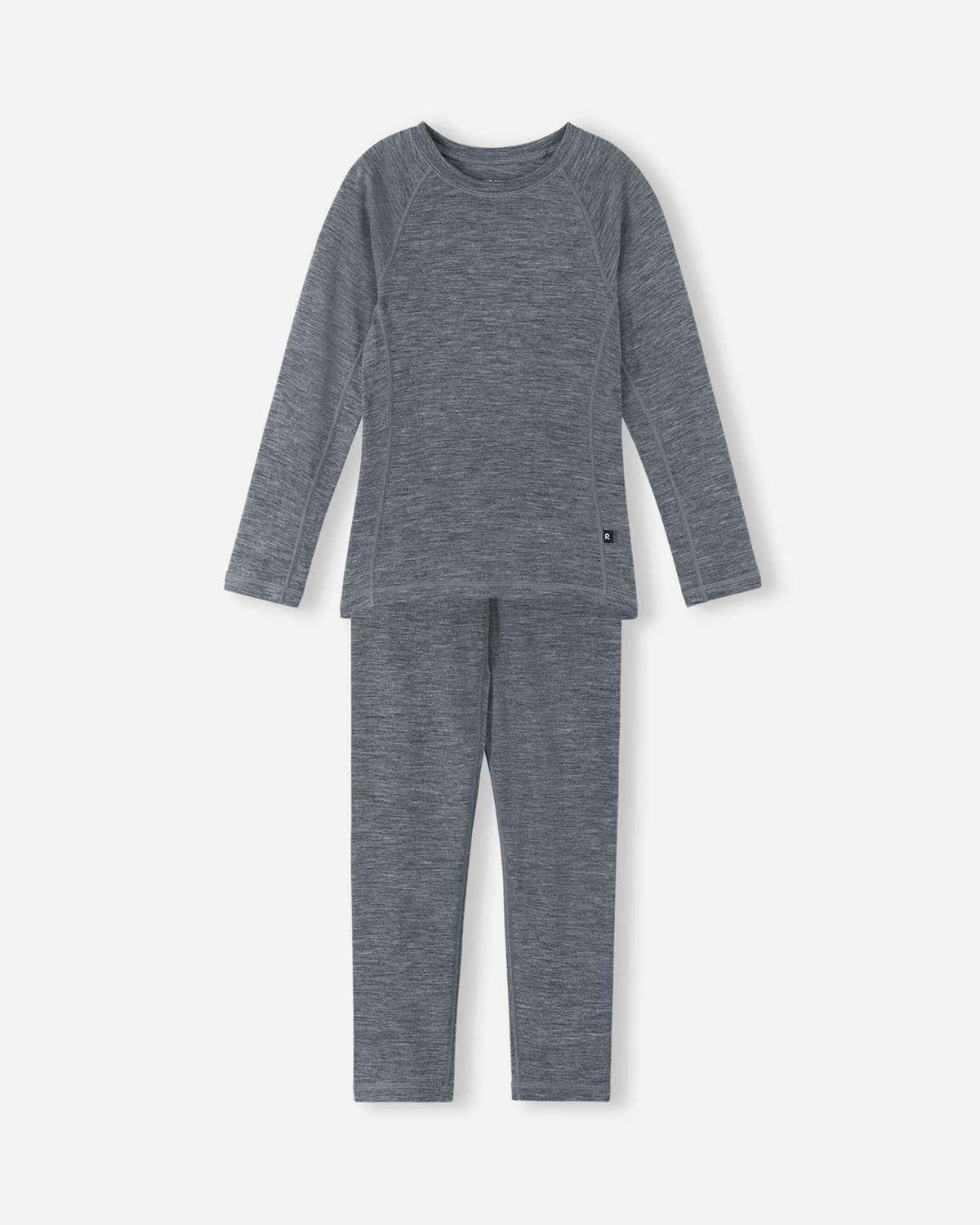 Front view of the Reima Kinsei kids' merino wool base layer set in melange grey, featuring a long-sleeve thermal top and matching pants.