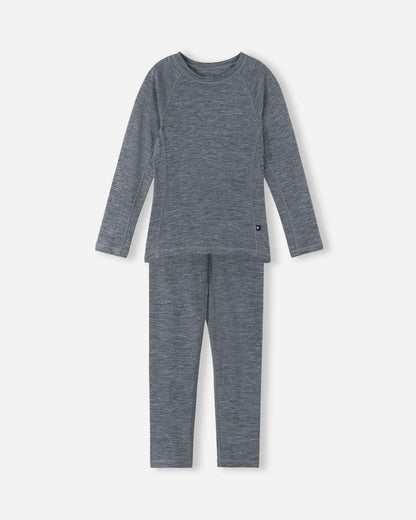 Front view of the Reima Kinsei kids' merino wool base layer set in melange grey, featuring a long-sleeve thermal top and matching pants.