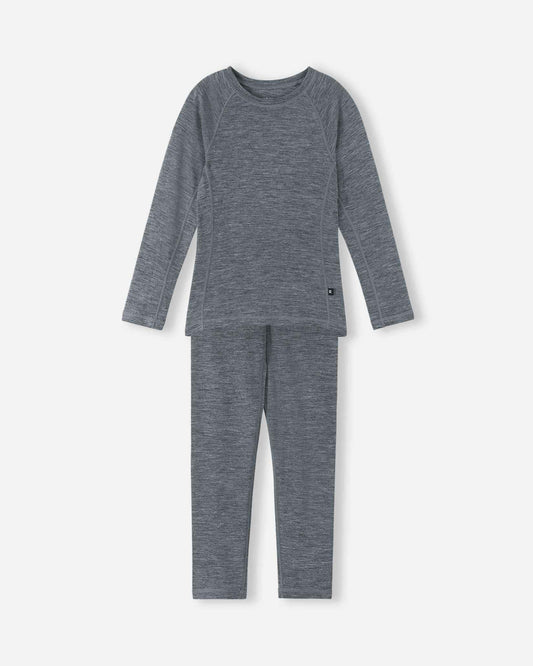 Front view of the Reima Kinsei kids' merino wool base layer set in melange grey, featuring a long-sleeve thermal top and matching pants.