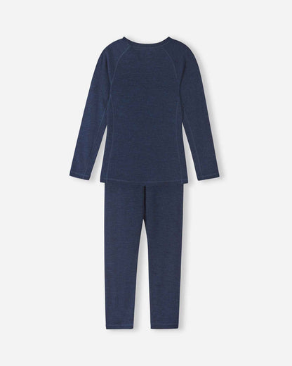 Back view of the complete Reima Kinsei kids merino wool base layer set in navy blue, showing the back of the long-sleeve top and leggings against a white background.