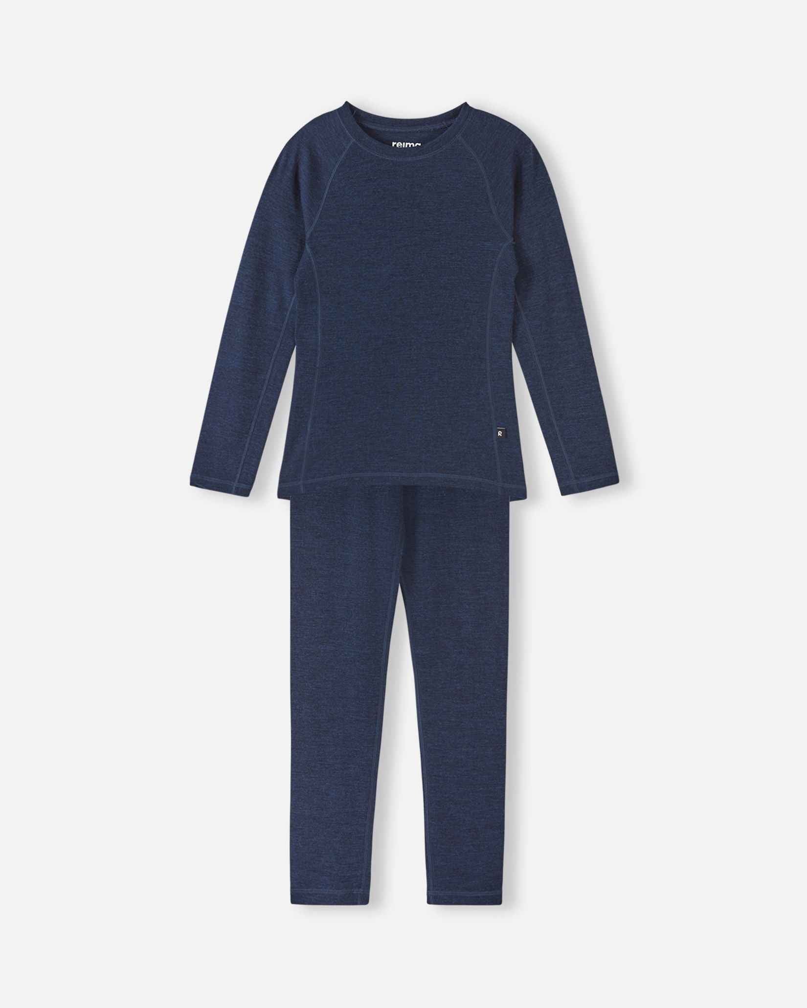 Front view of the complete Reima Kinsei kids merino wool base layer set in navy blue, featuring a long-sleeve top and leggings against a white background.