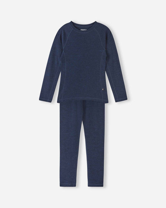 Front view of the complete Reima Kinsei kids merino wool base layer set in navy blue, featuring a long-sleeve top and leggings against a white background.