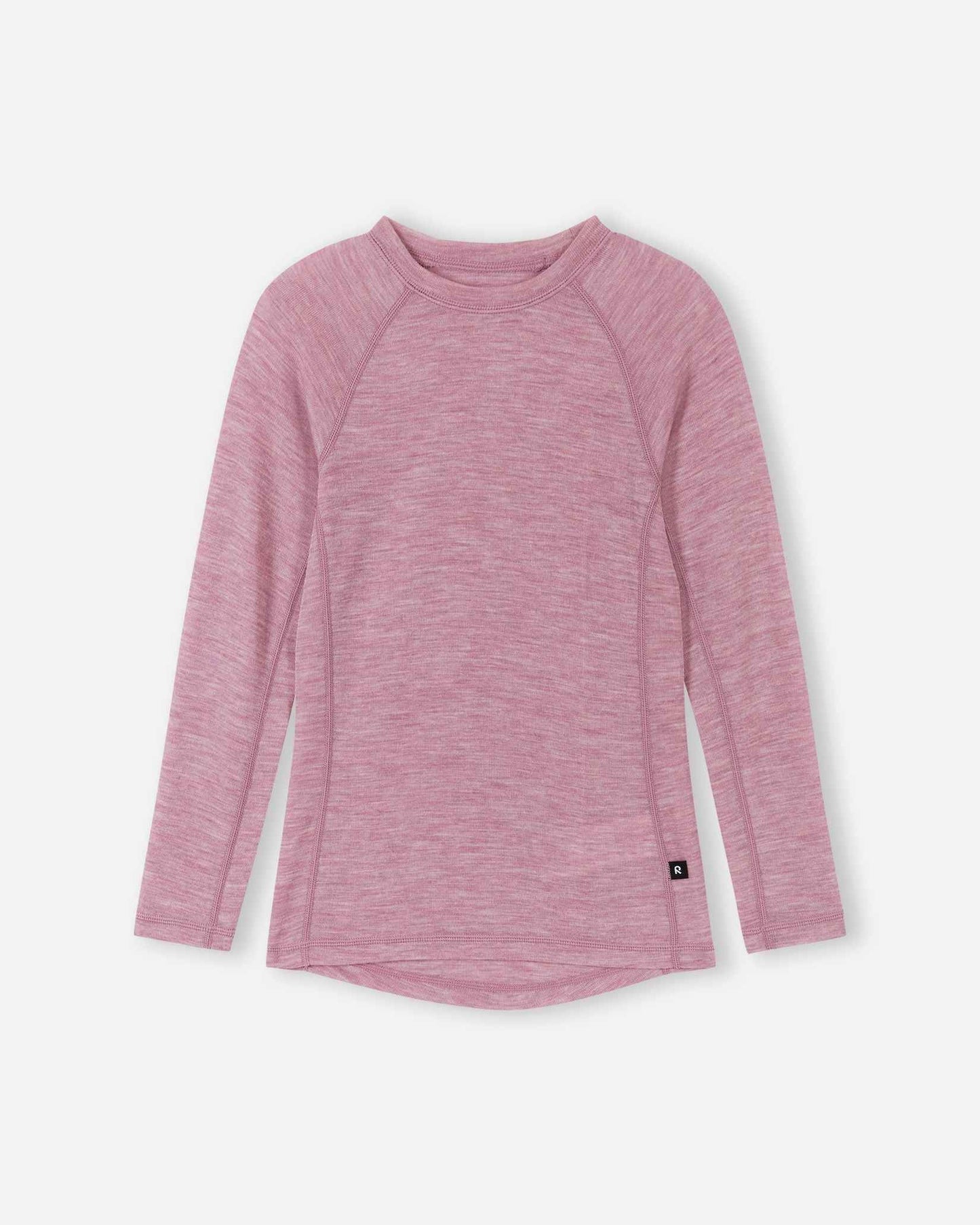 Front view of the grey pink long-sleeve merino wool base layer top from the Reima Kinsei kids' set.