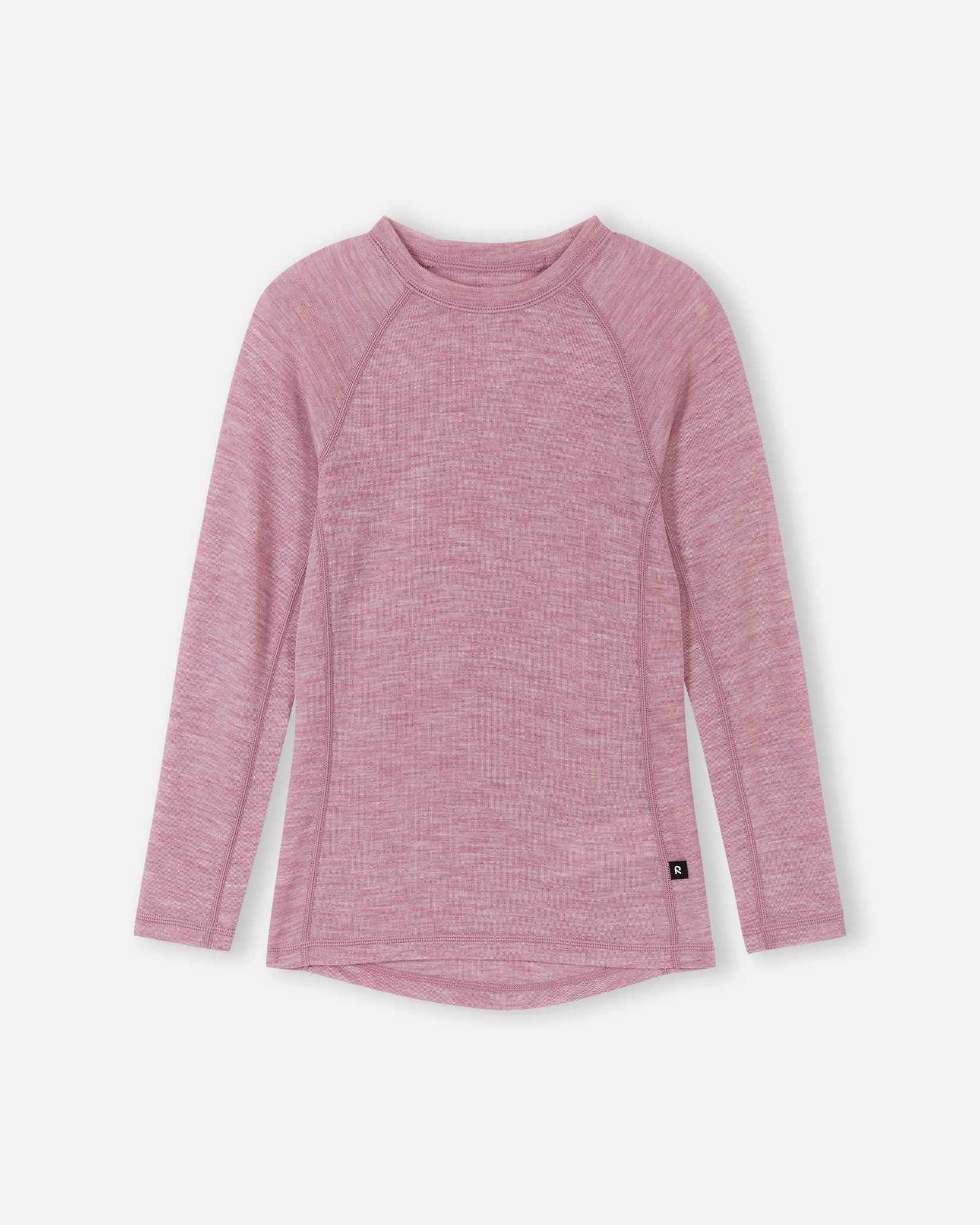 Front view of the grey pink long-sleeve merino wool base layer top from the Reima Kinsei kids' set.