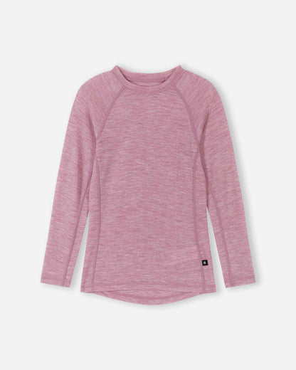 Front view of the grey pink long-sleeve merino wool base layer top from the Reima Kinsei kids' set.