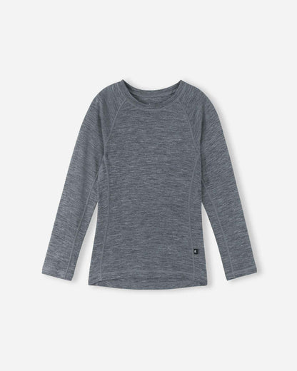 Front view of the long-sleeve thermal top from the Reima Kinsei kids' merino wool base layer set in melange grey.