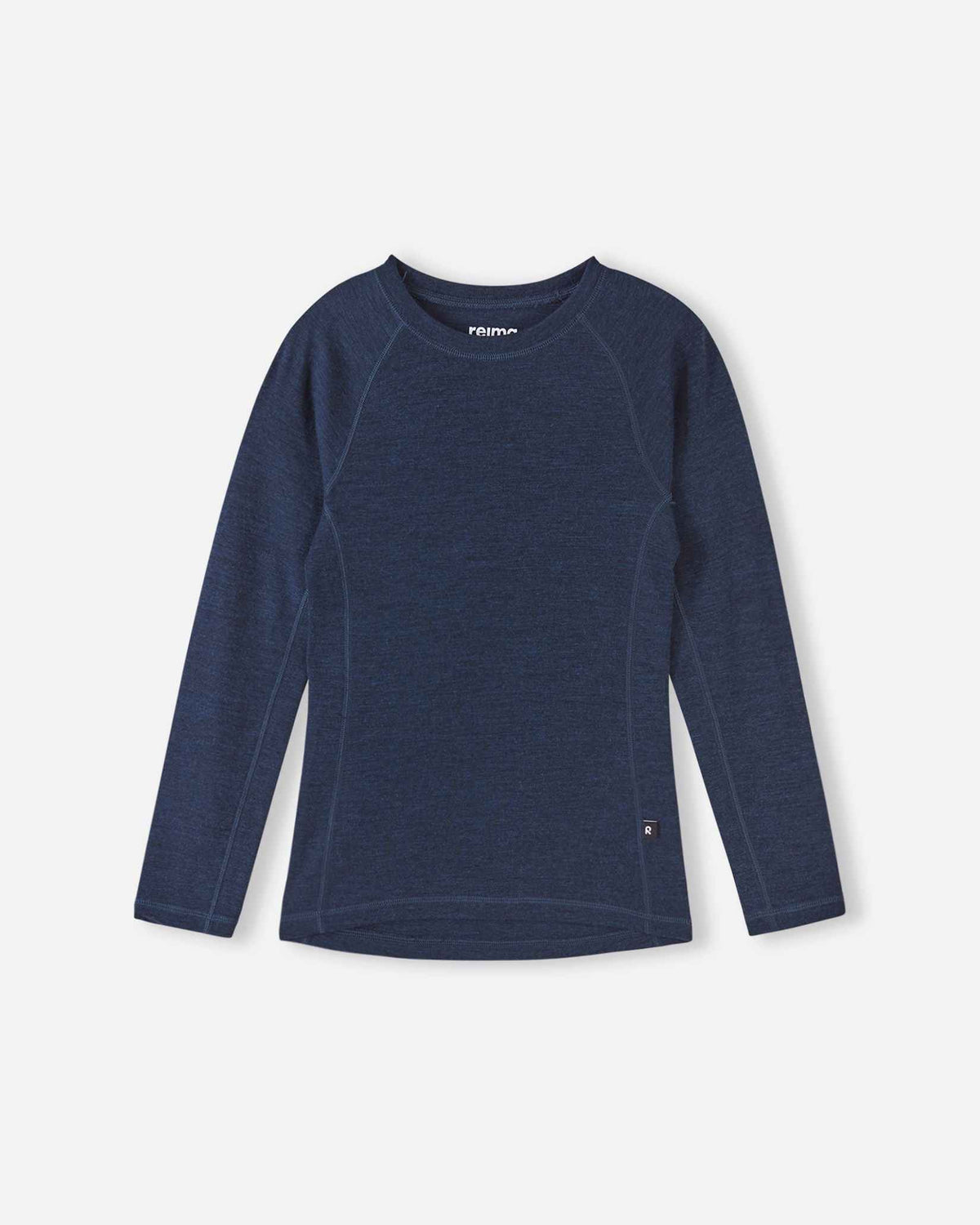 Front view of the navy blue long-sleeve merino wool base layer top from the Reima Kinsei kids set, against a white background.