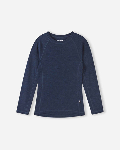 Front view of the navy blue long-sleeve merino wool base layer top from the Reima Kinsei kids set, against a white background.