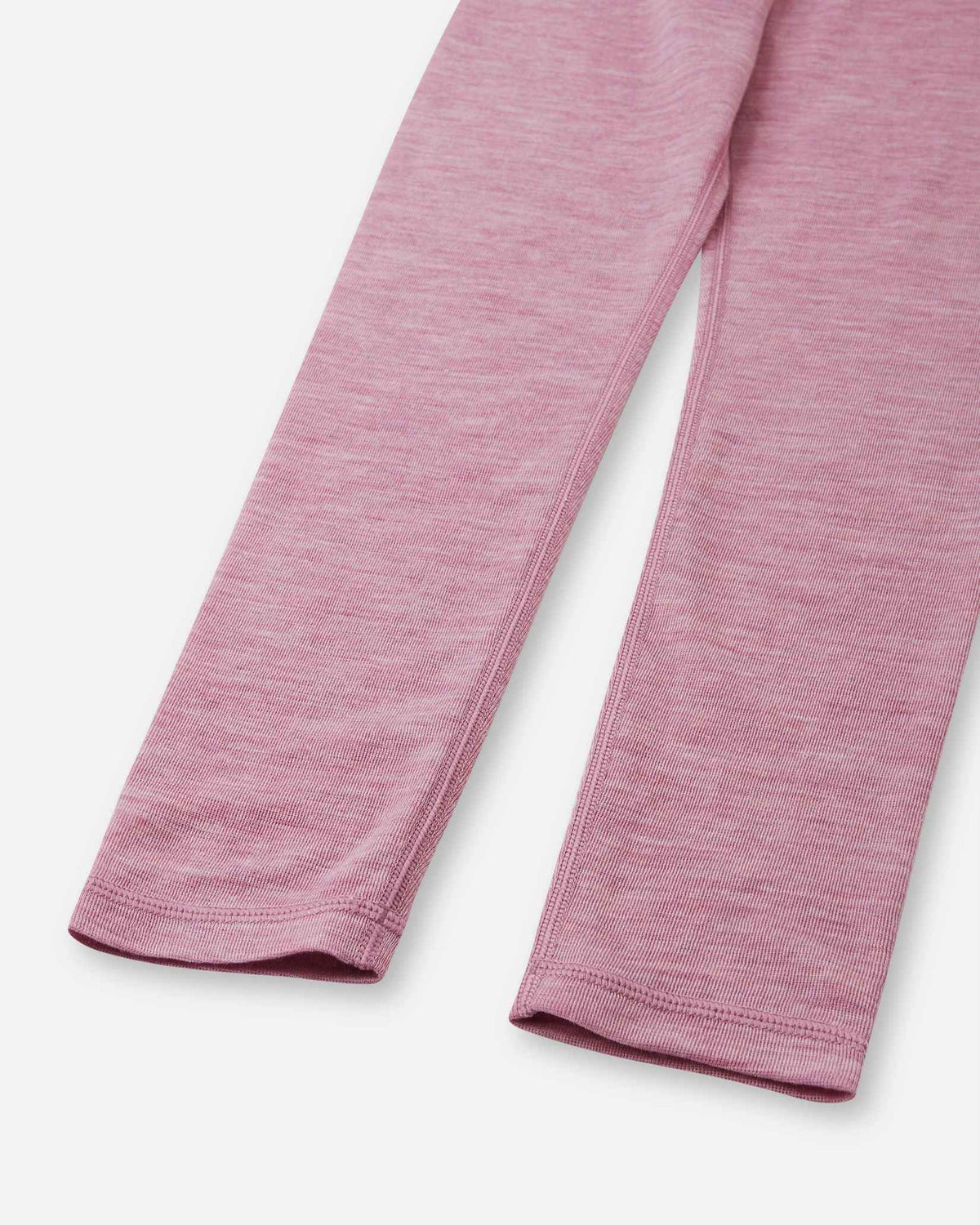 Detailed close-up of the bottom ankle cuffs on the grey pink merino wool base layer leggings from the Reima Kinsei set, showing the precision flat-lock stitching.