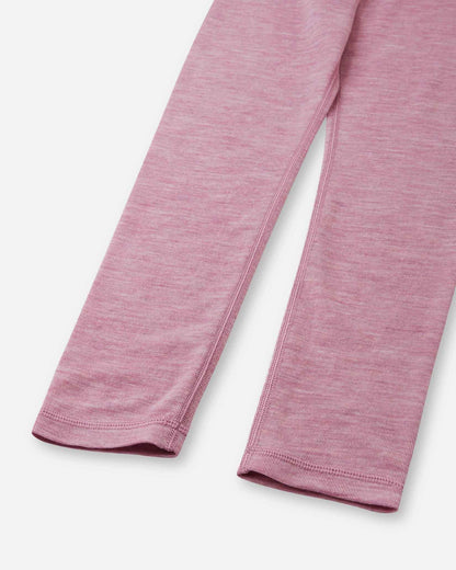 Detailed close-up of the bottom ankle cuffs on the grey pink merino wool base layer leggings from the Reima Kinsei set, showing the precision flat-lock stitching.