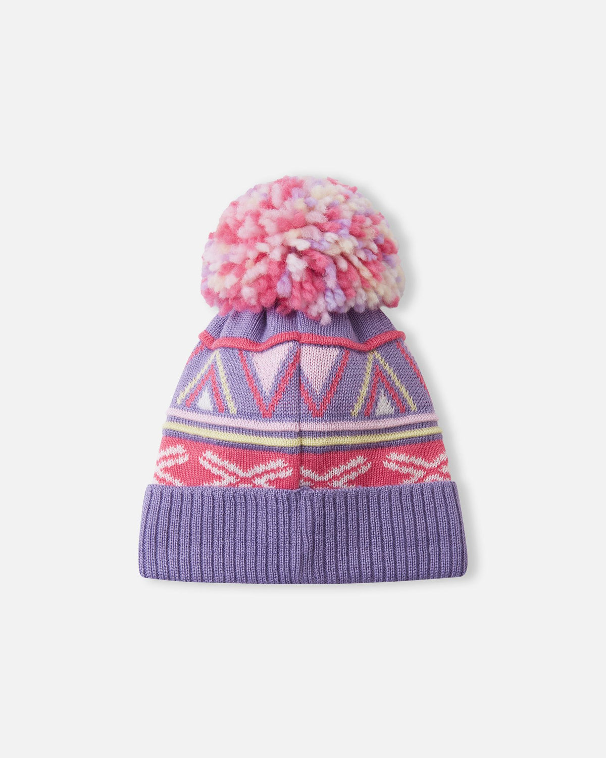 Back flat lay view of the blooming lilac Reima Kirjoen kids' merino wool beanie, displaying the continuous seamless geometric jacquard knit pattern and the cozy, colorful yarn pom-pom designed to retain body heat in cold weather.