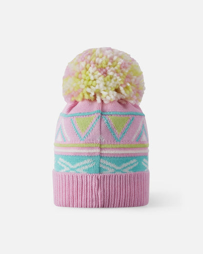Back view of the Reima Kirjoen kids' merino wool winter hat in light heather pink, showing the rear seam construction, fluffy yarn pom-pom, and full-wrap geometric knit pattern.