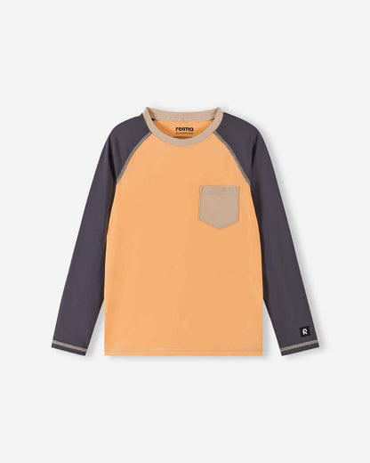 Front view of the Reima Kroolaus kids' UPF 50+ sunproof rash guard, featuring a vibrant apricot orange body, contrasting dark grey long sleeves, and a handy beige chest pocket.