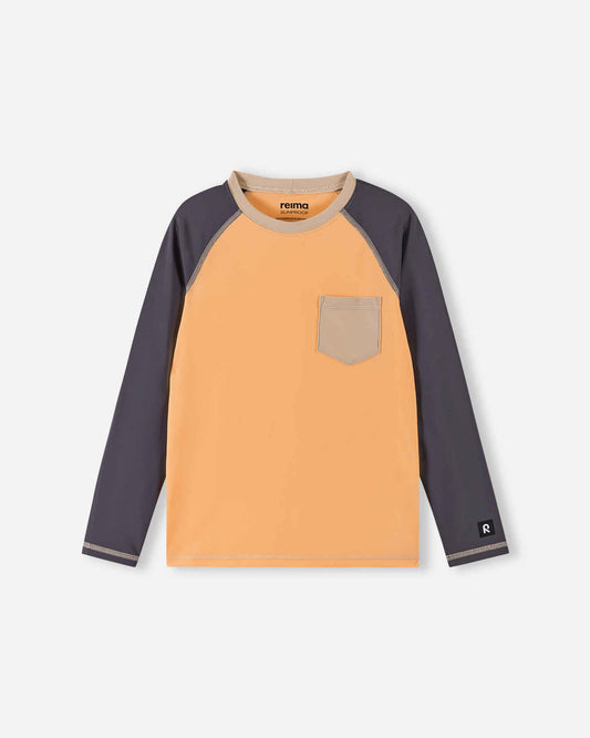 Front view of the Reima Kroolaus kids' UPF 50+ sunproof rash guard, featuring a vibrant apricot orange body, contrasting dark grey long sleeves, and a handy beige chest pocket.