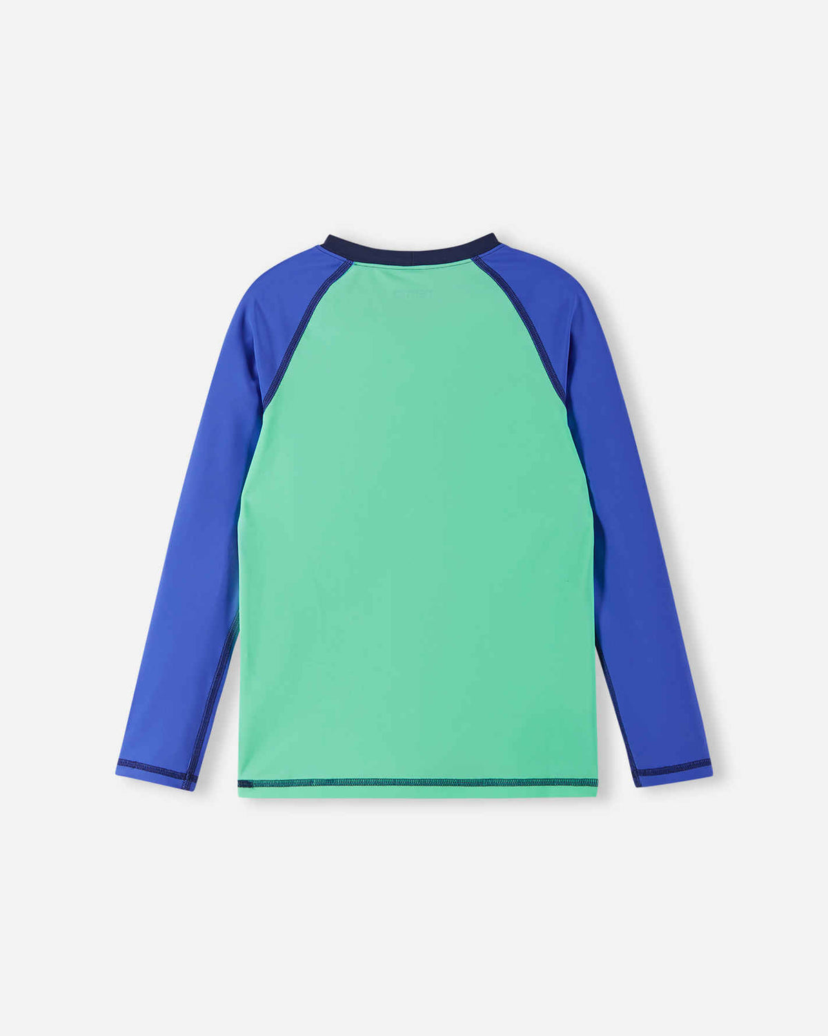 Back view of the fresh mint Reima Kroolaus kids' UPF 50+ sunproof swim shirt, showing the comfortable crew neck and breathable, quick-dry fabric designed for active beach days.