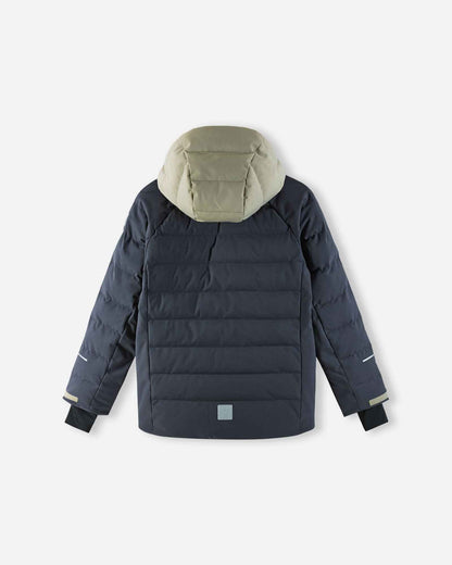 Back view of the Reima Kuosku kids ski jacket in Soft black, featuring a quilted color-block design, insulated hood, and reflective safety strips on the lower back and sleeves.