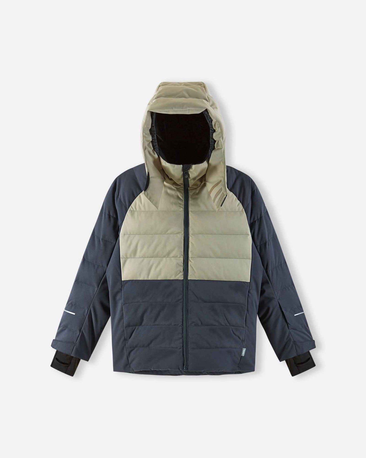 Front view of the fully zipped Reima Kuosku kids ski jacket in Soft black, showing the contrasting light upper panel, dark quilted body, and insulated hood.