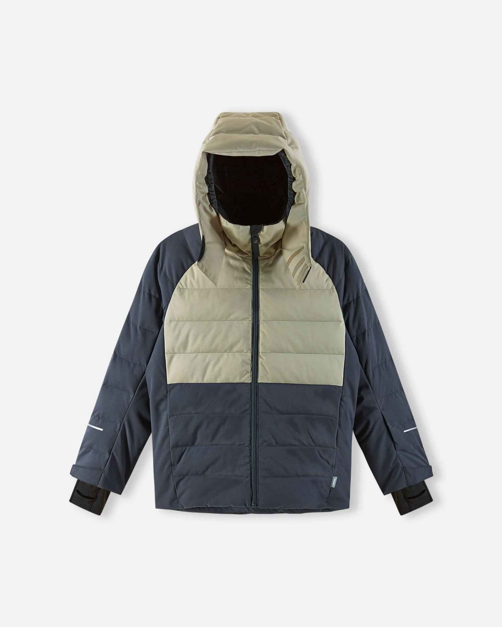 Front view of the fully zipped Reima Kuosku kids ski jacket in Soft black, showing the contrasting light upper panel, dark quilted body, and insulated hood.