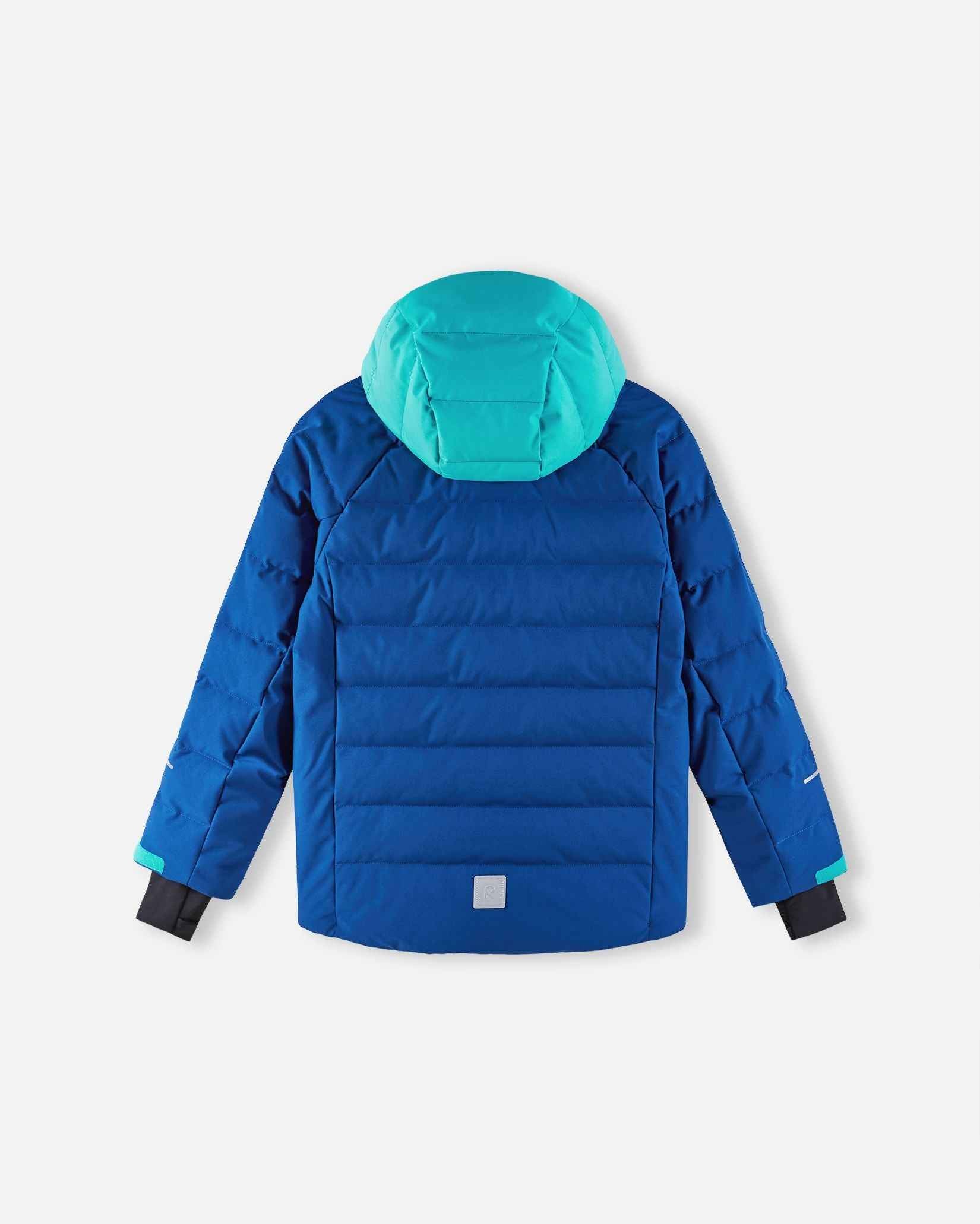 Back view of the Reima Kuosku kids ski jacket in twilight blue, featuring horizontal quilting and reflective safety strips on the lower back and sleeves.
