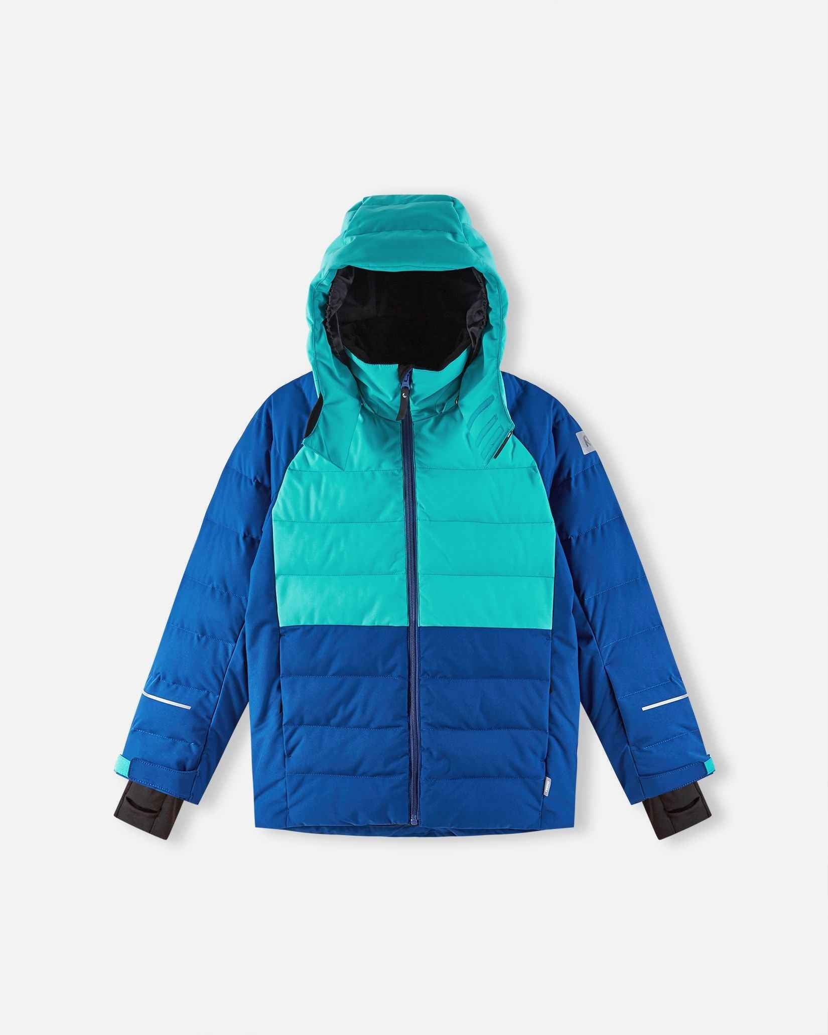 Front view of the Reima Kuosku kids ski jacket in twilight blue, showing the insulated hood fully raised and a high protective collar designed for harsh winter weather protection.