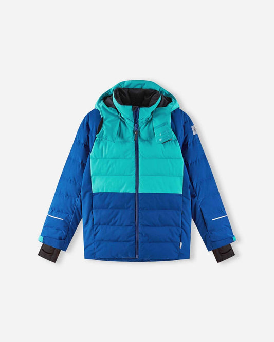 The primary product photograph of the fully insulated Reima Kuosku kids ski jacket in twilight blue, showcasing a complete front view with a color-blocked design, insulated hood, and full-length zipper.
