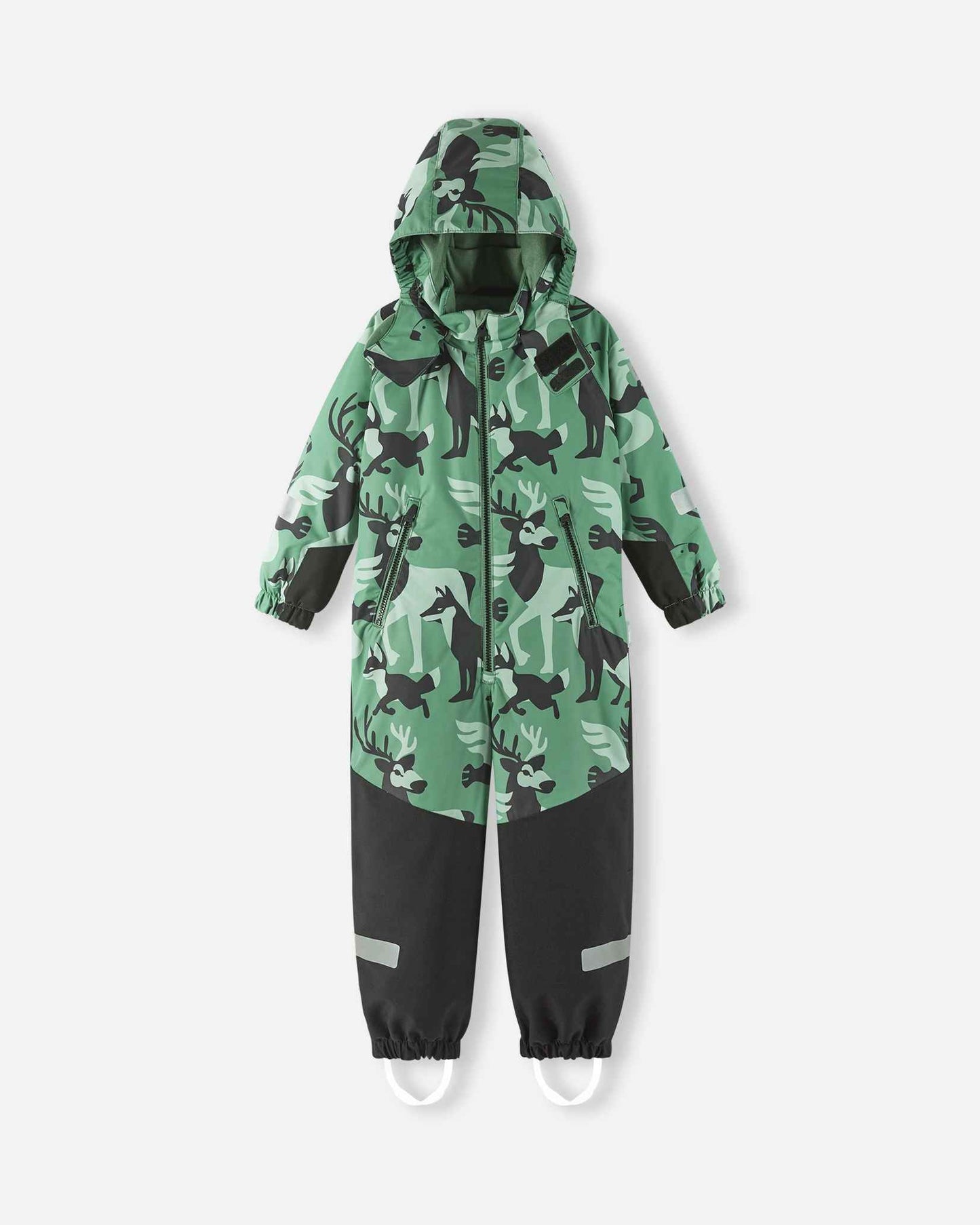 Reima Kurikka kids winter overall in green clay with the detachable hood pulled up, displaying the full front animal pattern.