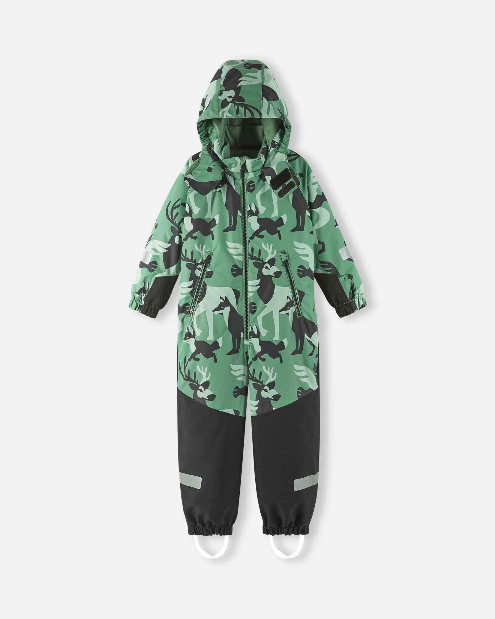 Reima Kurikka kids winter overall in green clay with the detachable hood pulled up, displaying the full front animal pattern.