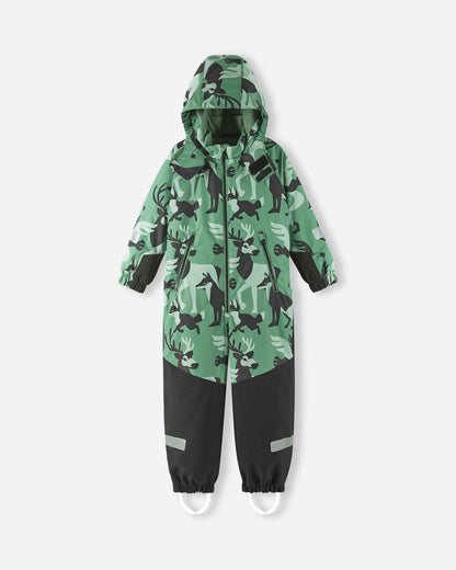 Reima Kurikka kids winter overall in green clay with the detachable hood pulled up, displaying the full front animal pattern.