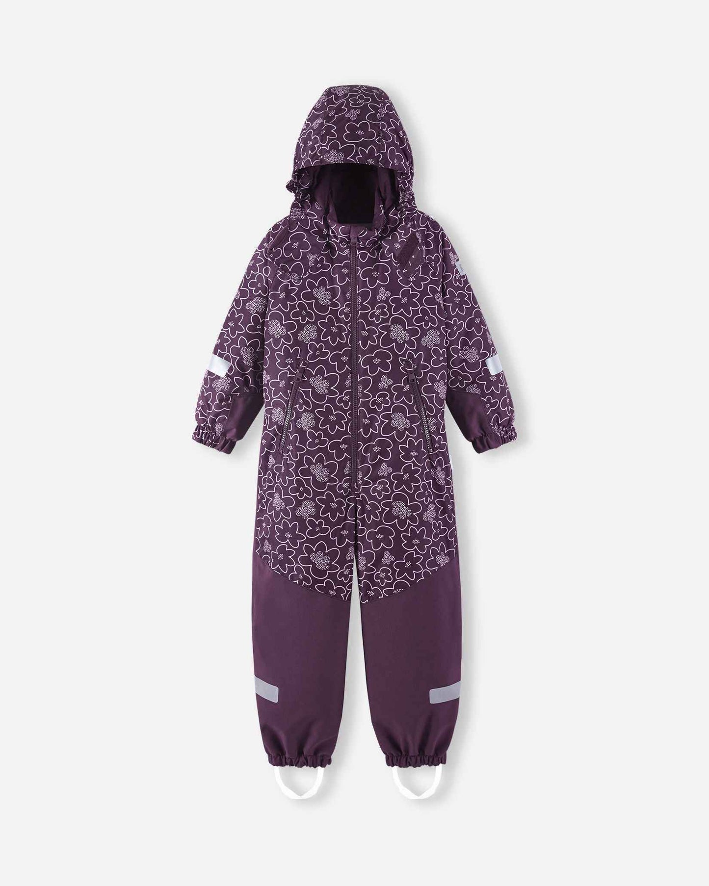 Front layout of the deep purple Reima Kurikka winter snowsuit with the insulated hood pulled up, showcasing the continuous floral design across the upper torso and headpiece.