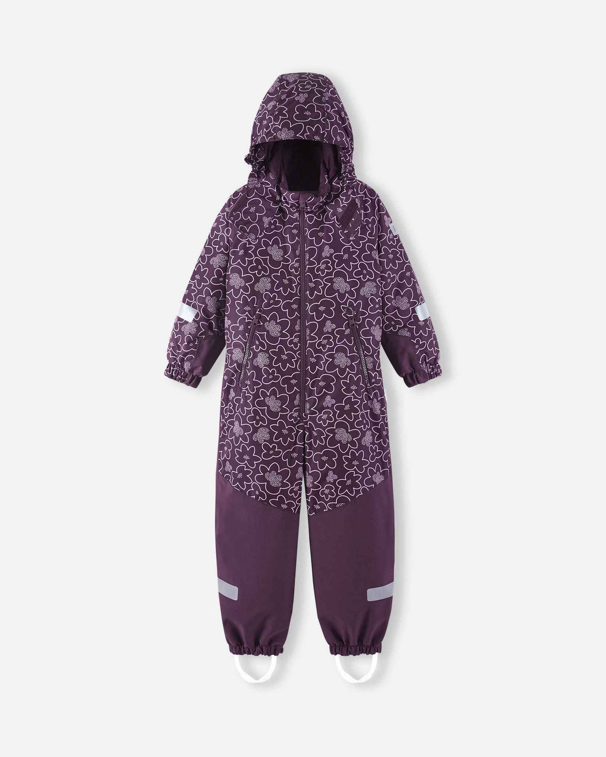 Front layout of the deep purple Reima Kurikka winter snowsuit with the insulated hood pulled up, showcasing the continuous floral design across the upper torso and headpiece.