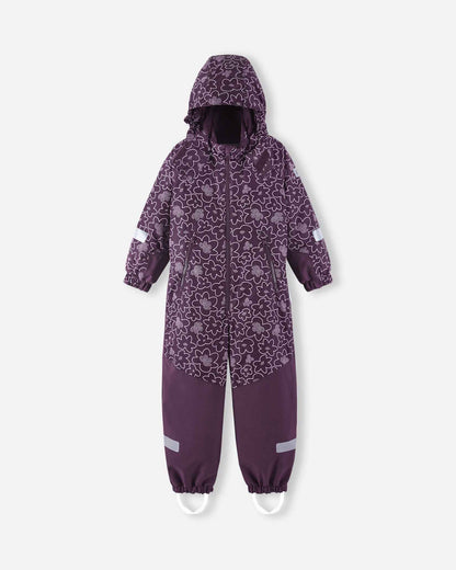 Front layout of the deep purple Reima Kurikka winter snowsuit with the insulated hood pulled up, showcasing the continuous floral design across the upper torso and headpiece.