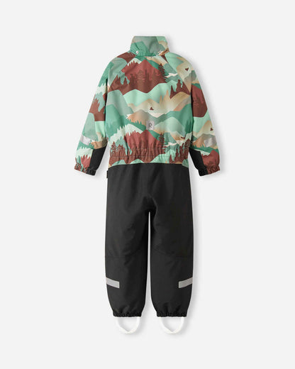 Rear profile of the Reima Kurikka kids' winter snowsuit with the detachable hood removed, highlighting the high protective collar and continuous mountain print design.