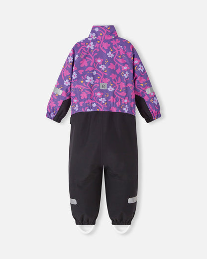 Back view of the Reima Kurikka plum purple floral snowsuit with the detachable hood removed, highlighting the protective high collar that keeps cold wind off the neck.