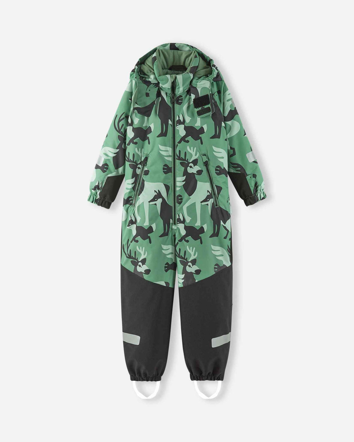 Full front view of the Reima Kurikka kids winter snowsuit in green clay, featuring a woodland animal print and black reinforced legs.