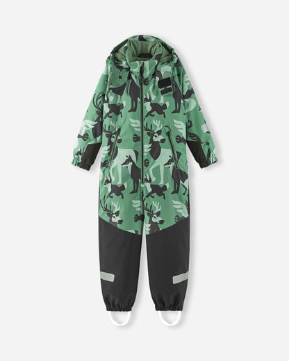 Full front view of the Reima Kurikka kids winter snowsuit in green clay, featuring a woodland animal print and black reinforced legs.