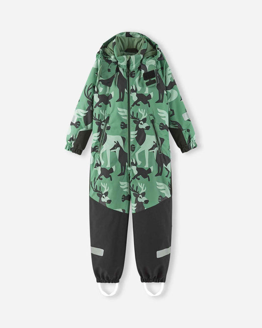 Full front view of the Reima Kurikka kids winter snowsuit in green clay, featuring a woodland animal print and black reinforced legs.