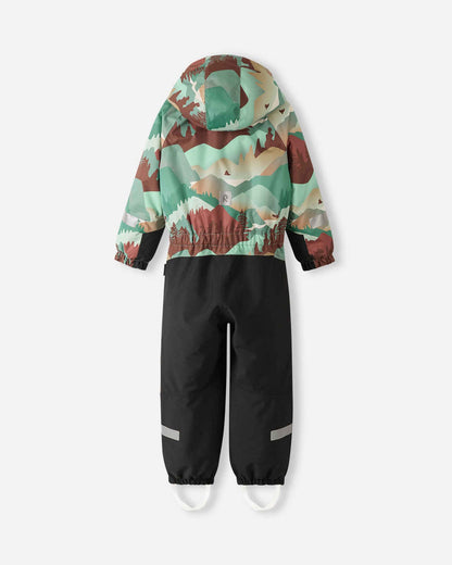 Back view of the stone green Reima Kurikka kids' snowsuit, displaying the attached hood, elastic waist gather, and black reinforced rear and leg panels for durability in the snow.