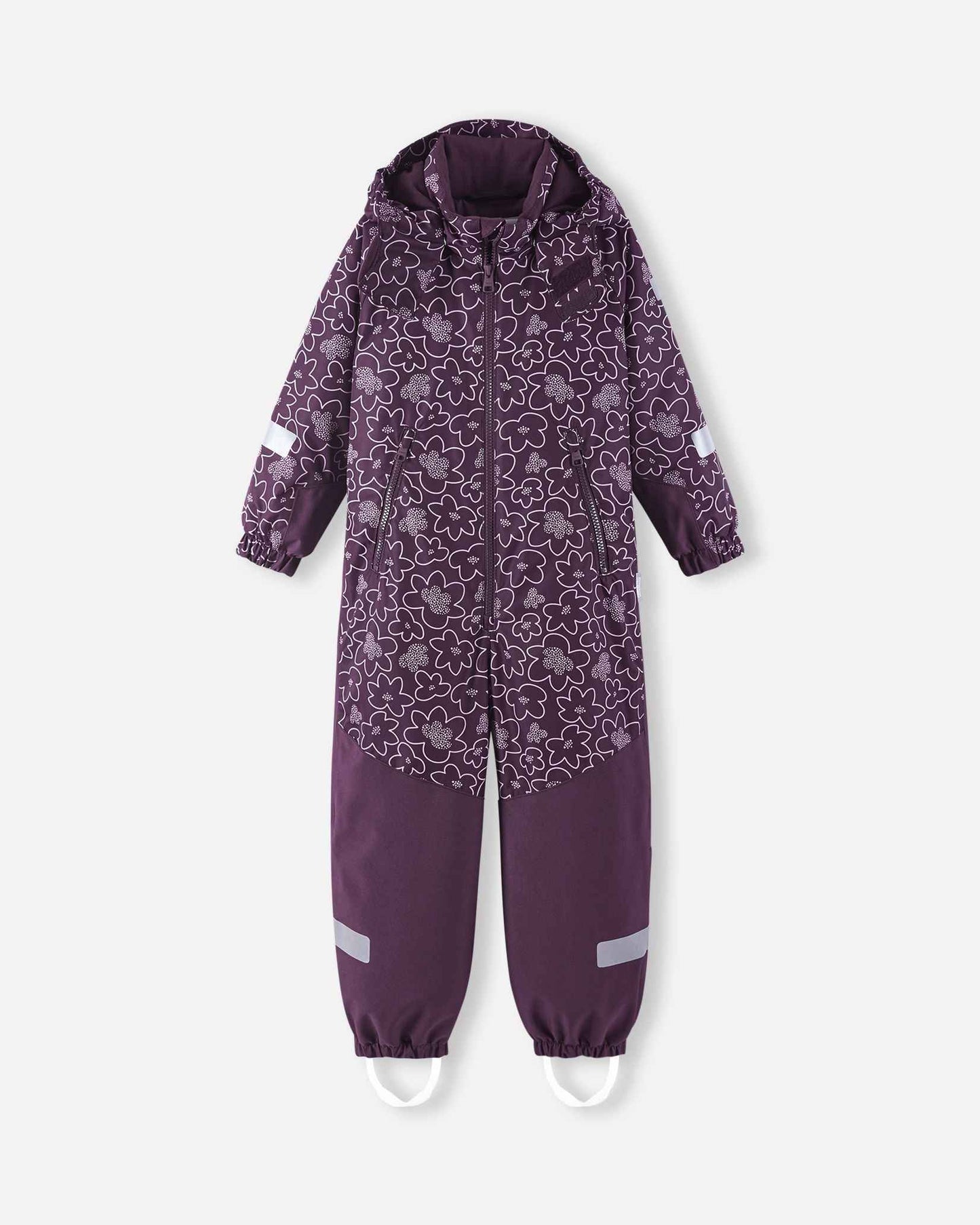 Full front view of the deep purple Reima Kurikka toddler winter snowsuit, highlighting a playful white floral print on the upper body and durable solid purple lower legs.