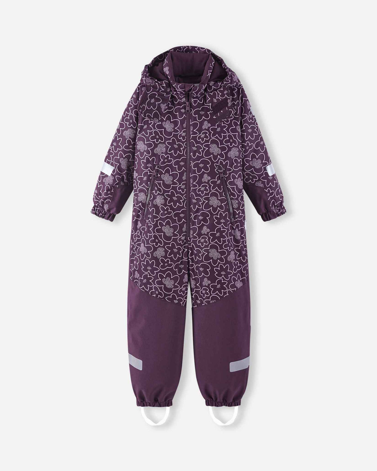Full front view of the deep purple Reima Kurikka toddler winter snowsuit, highlighting a playful white floral print on the upper body and durable solid purple lower legs.