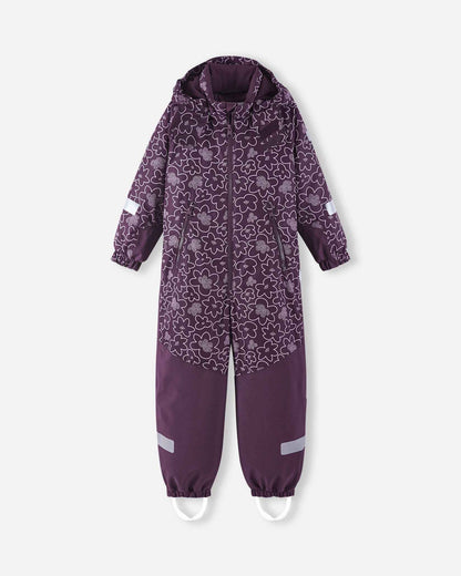 Full front view of the deep purple Reima Kurikka toddler winter snowsuit, highlighting a playful white floral print on the upper body and durable solid purple lower legs.