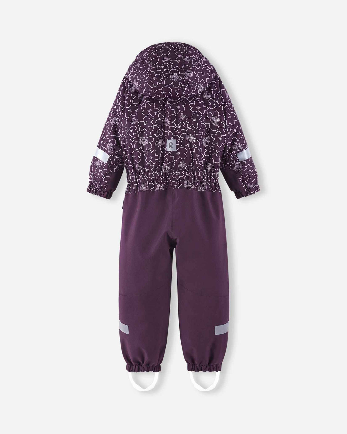 Back flat lay perspective of the children's Reima Kurikka waterproof overall in deep purple, featuring an elasticized waist, contrasting floral top panel, and solid reinforced pant legs.