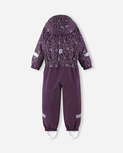 Back flat lay perspective of the children's Reima Kurikka waterproof overall in deep purple, featuring an elasticized waist, contrasting floral top panel, and solid reinforced pant legs.