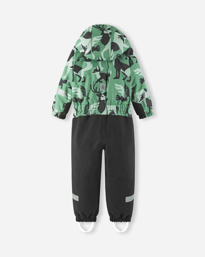 Back view of the green clay Reima Kurikka toddler snowsuit, showcasing the reinforced black seat and leg panels with reflective stripes.