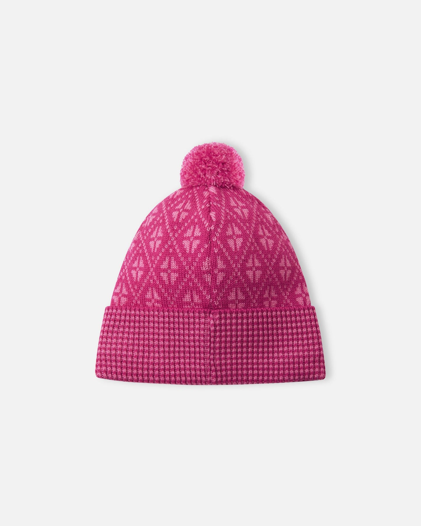 Back view of the rosy berry pink Reima Kuurassa kids' merino wool beanie hat, showing the continuous geometric knit pattern and the fluffy top pom-pom.